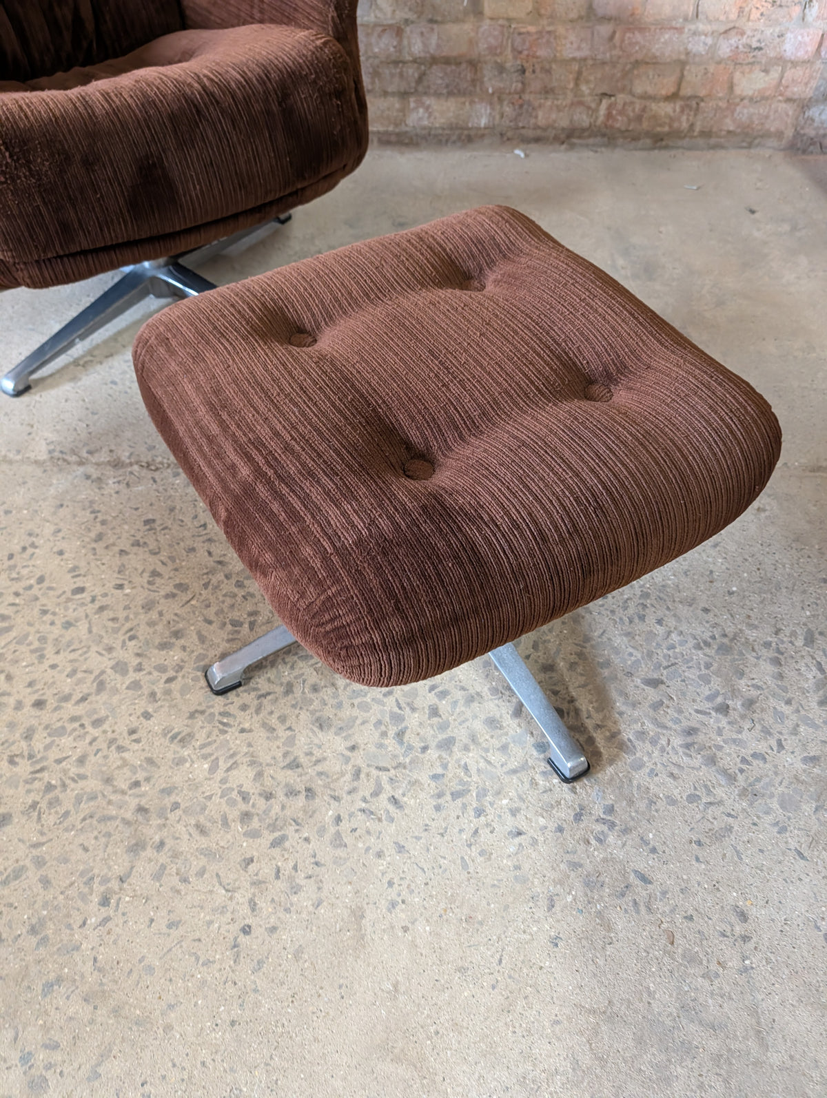 Vintage Mid Century Brown Corduroy Egg Chair Swivel Armchair And Footstool 1970s