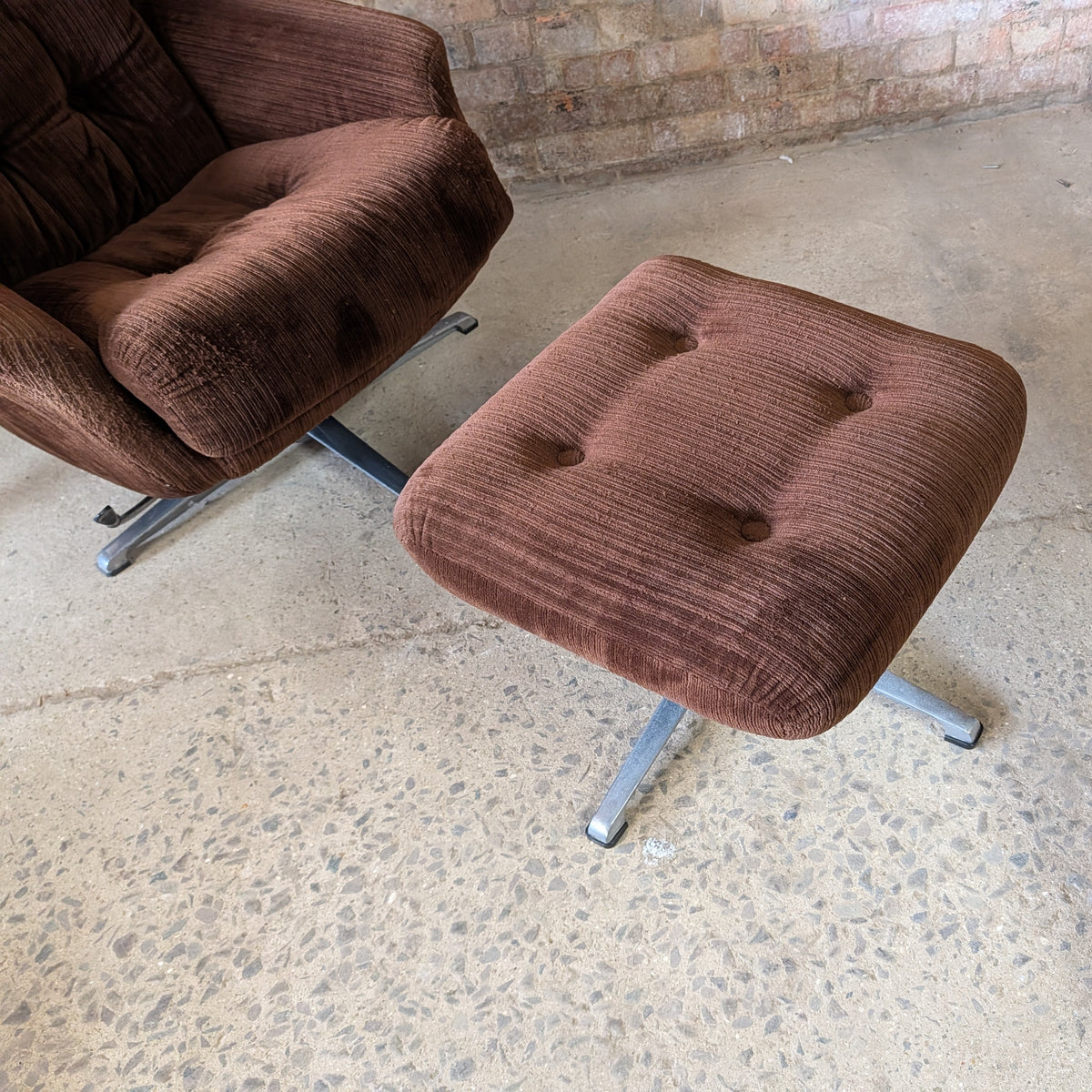 Vintage Mid Century Brown Corduroy Egg Chair Swivel Armchair And Footstool 1970s