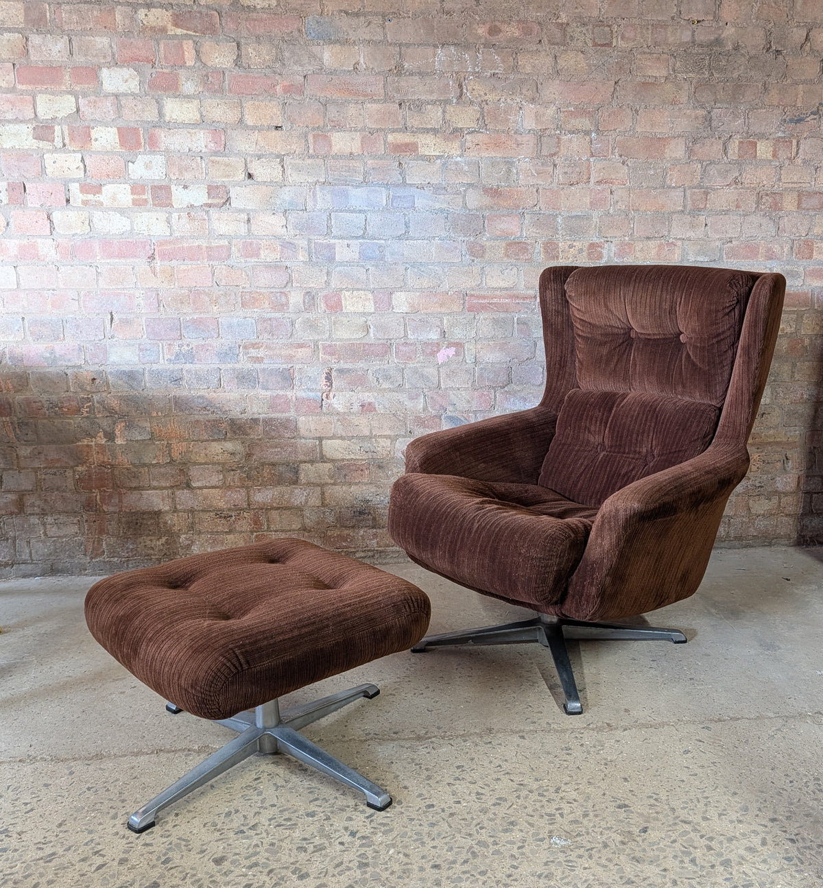 Vintage Mid Century Brown Corduroy Egg Chair Swivel Armchair And Footstool 1970s