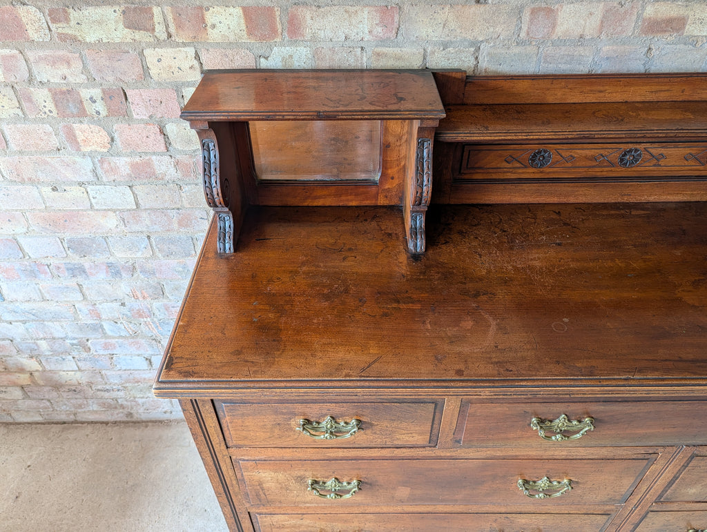 Antique Edwardian Walnut Mirror Back Sideboard / Large Bank Of Drawers C.1900