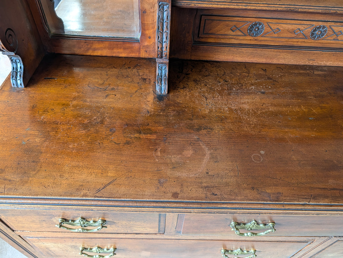 Antique Edwardian Walnut Mirror Back Sideboard / Large Bank Of Drawers C.1900