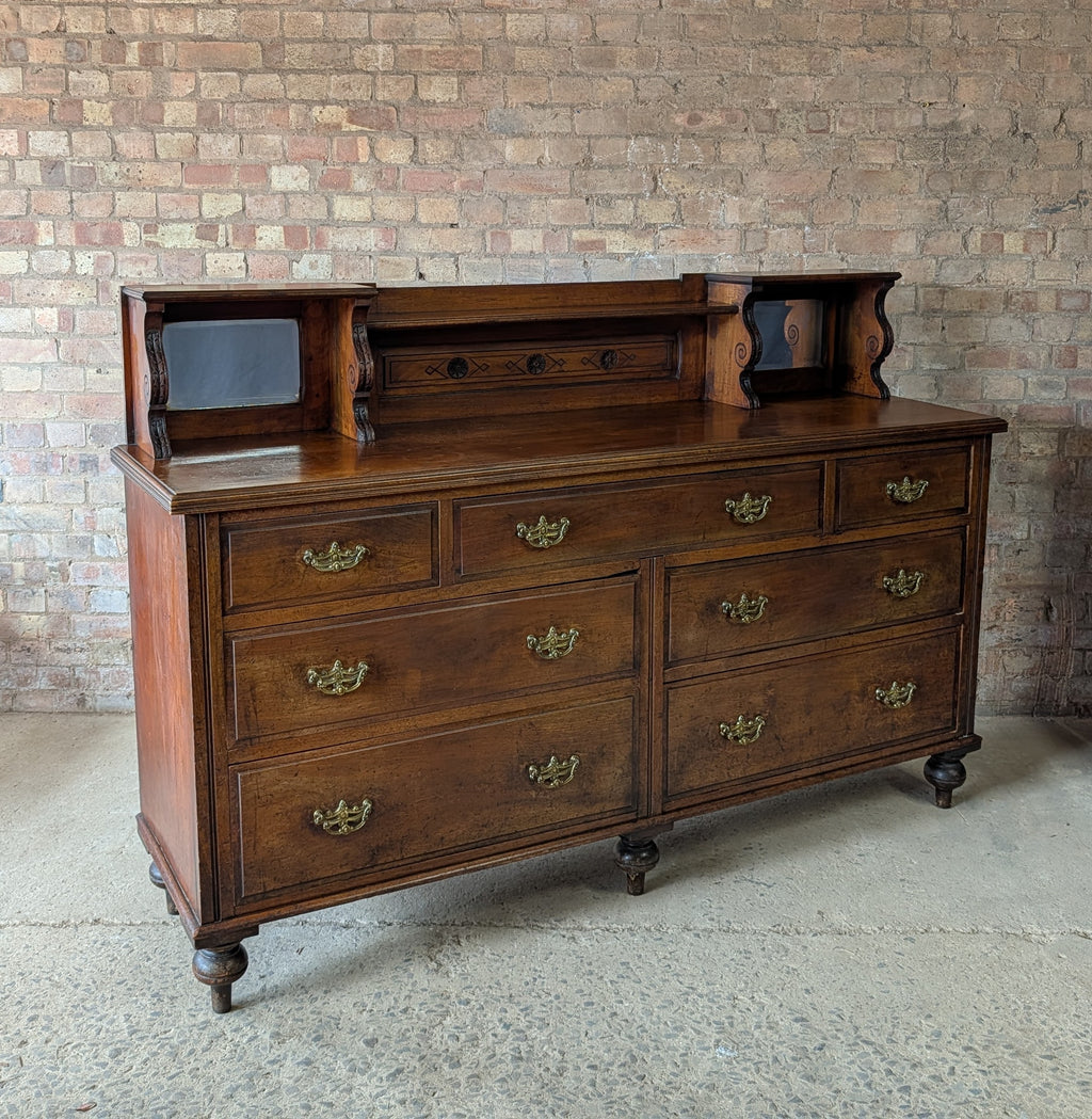 Antique Edwardian Walnut Mirror Back Sideboard / Large Bank Of Drawers C.1900