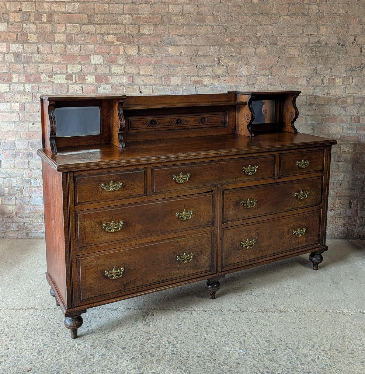 Antique Edwardian Walnut Mirror Back Sideboard / Large Bank Of Drawers C.1900
