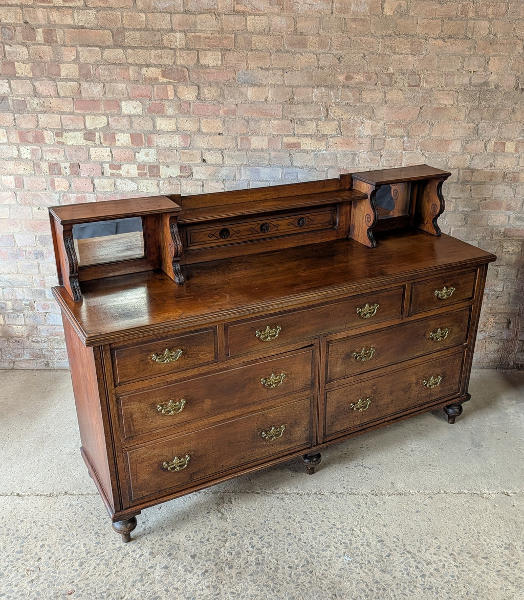 Antique Edwardian Walnut Mirror Back Sideboard / Large Bank Of Drawers C.1900