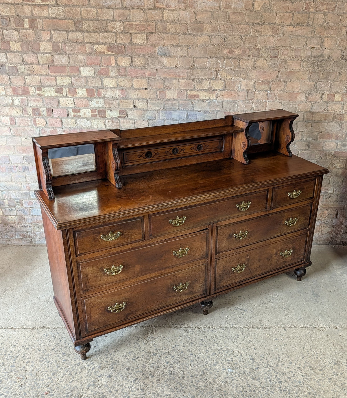 Antique Edwardian Walnut Mirror Back Sideboard / Large Bank Of Drawers C.1900