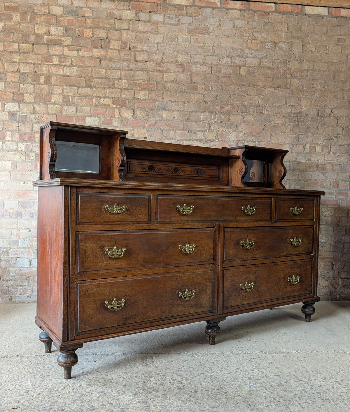 Antique Edwardian Walnut Mirror Back Sideboard / Large Bank Of Drawers C.1900