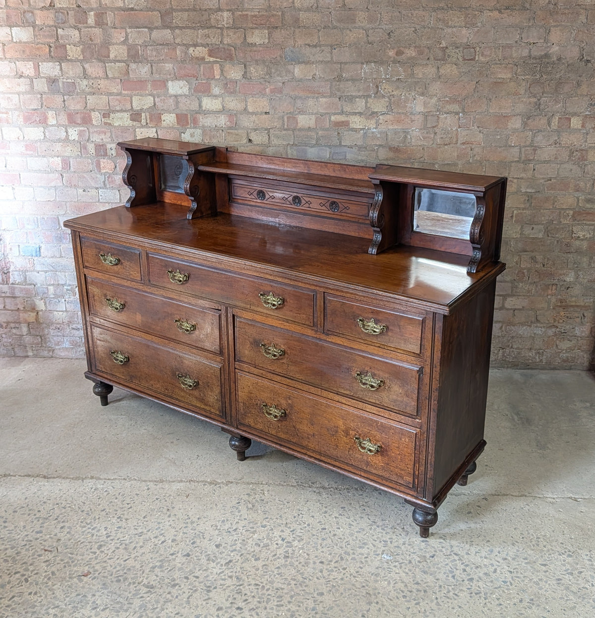 Antique Edwardian Walnut Mirror Back Sideboard / Large Bank Of Drawers C.1900