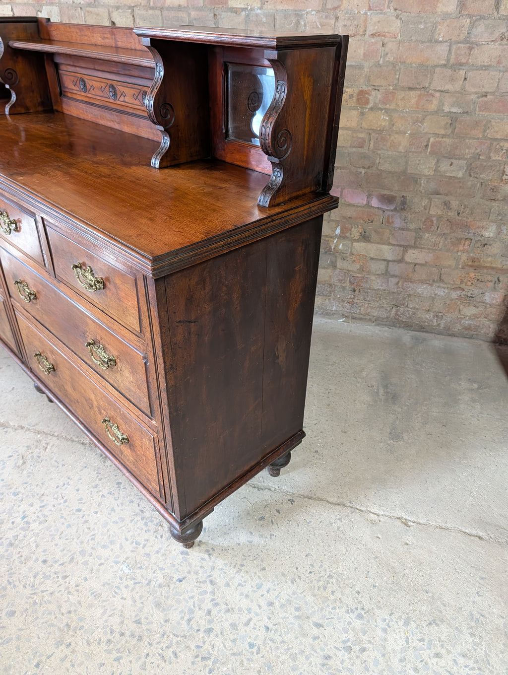 Antique Edwardian Walnut Mirror Back Sideboard / Large Bank Of Drawers C.1900