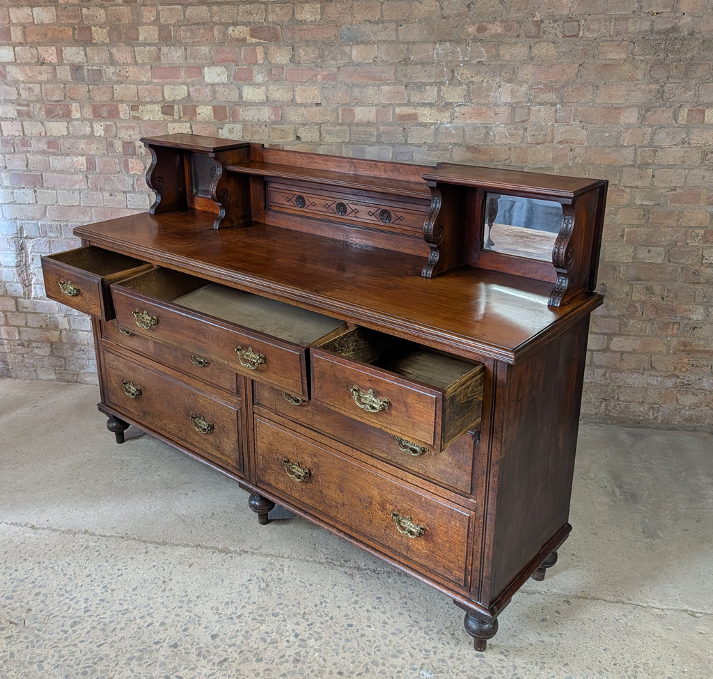 Antique Edwardian Walnut Mirror Back Sideboard / Large Bank Of Drawers C.1900
