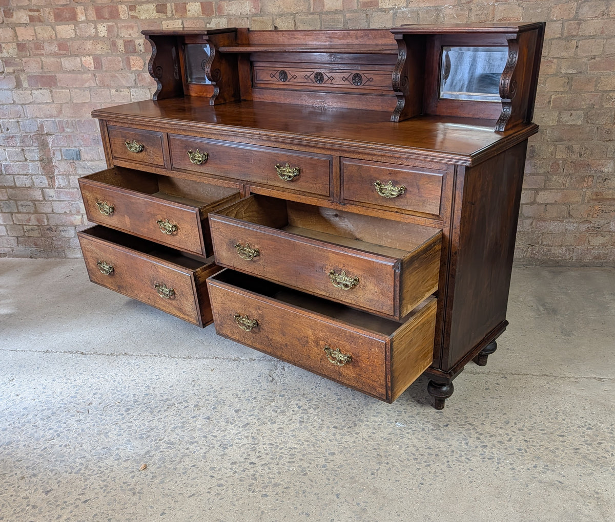 Antique Edwardian Walnut Mirror Back Sideboard / Large Bank Of Drawers C.1900
