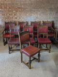 Vintage Set Of 8 Cromwellian Style Carved Oak & Leather Dining Chairs