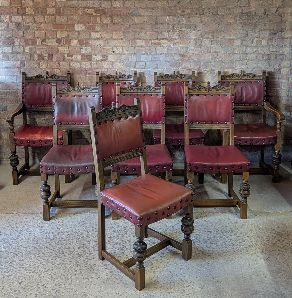 Vintage Set Of 8 Cromwellian Style Carved Oak & Leather Dining Chairs
