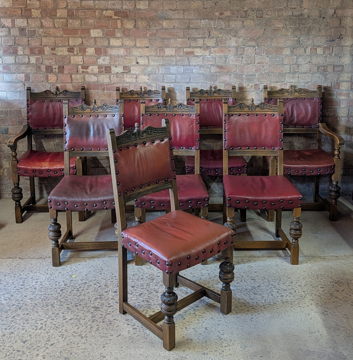 Vintage Set Of 8 Cromwellian Style Carved Oak & Leather Dining Chairs