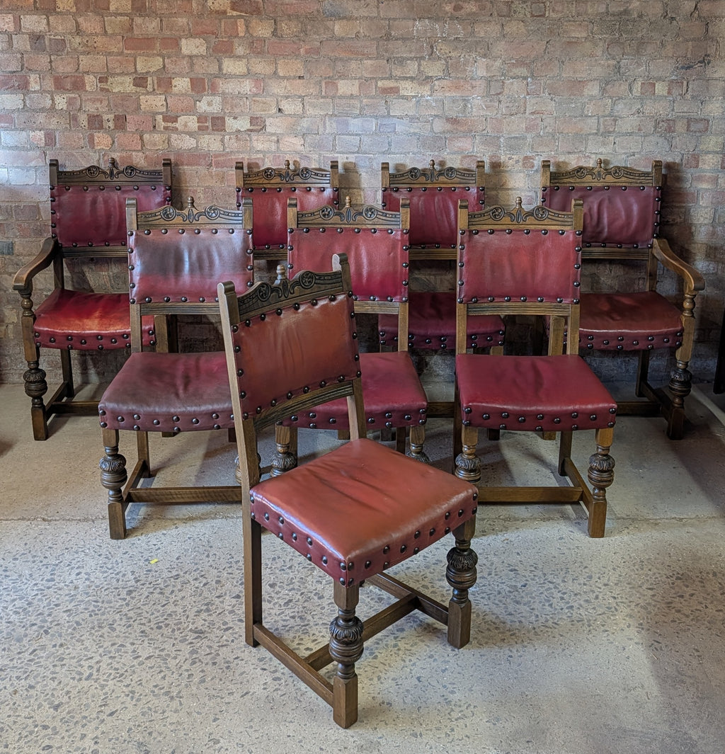 Vintage Set Of 8 Cromwellian Style Carved Oak & Leather Dining Chairs