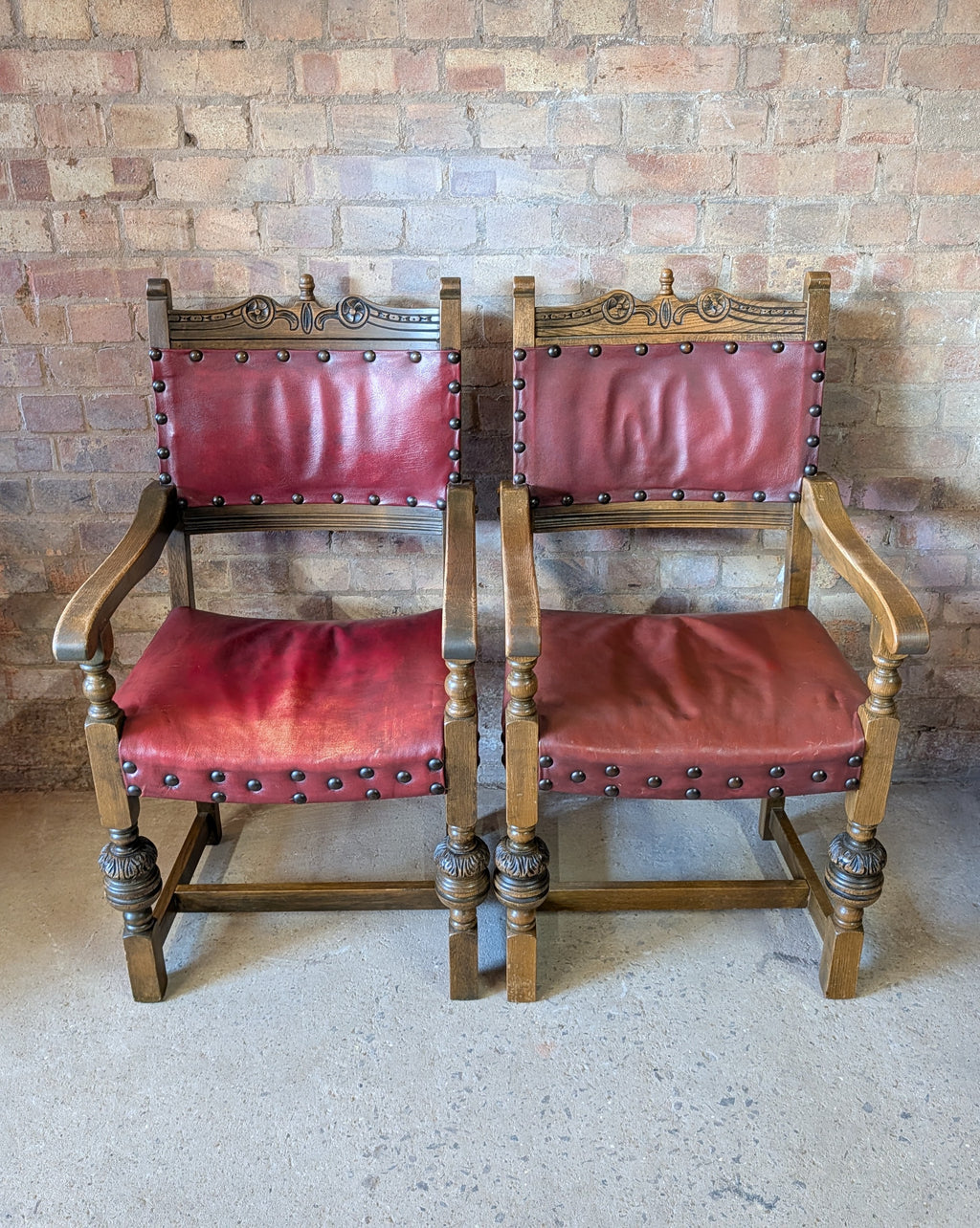 Vintage Set Of 8 Cromwellian Style Carved Oak & Leather Dining Chairs