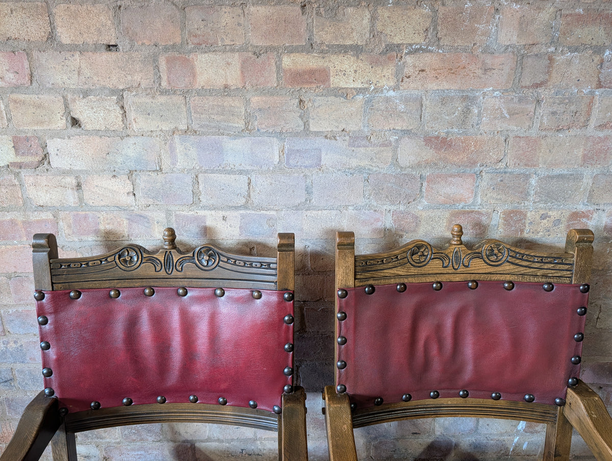 Vintage Set Of 8 Cromwellian Style Carved Oak & Leather Dining Chairs