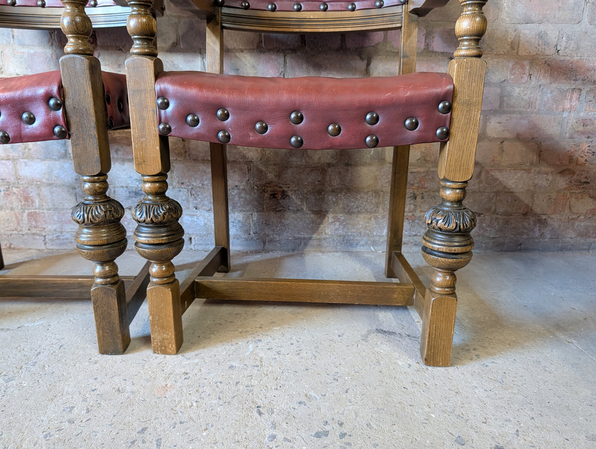 Vintage Set Of 8 Cromwellian Style Carved Oak & Leather Dining Chairs