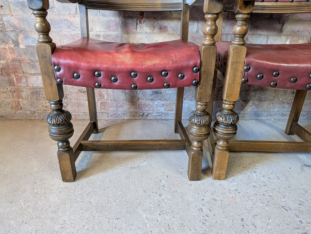Vintage Set Of 8 Cromwellian Style Carved Oak & Leather Dining Chairs