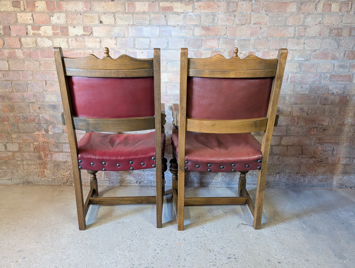 Vintage Set Of 8 Cromwellian Style Carved Oak & Leather Dining Chairs