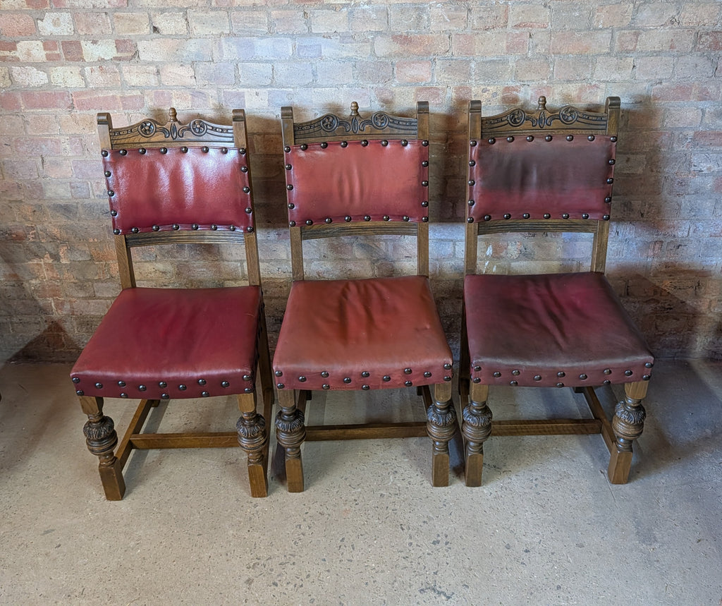 Vintage Set Of 8 Cromwellian Style Carved Oak & Leather Dining Chairs