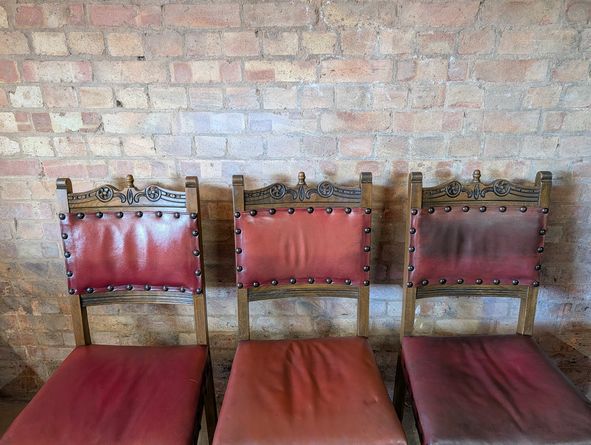 Vintage Set Of 8 Cromwellian Style Carved Oak & Leather Dining Chairs