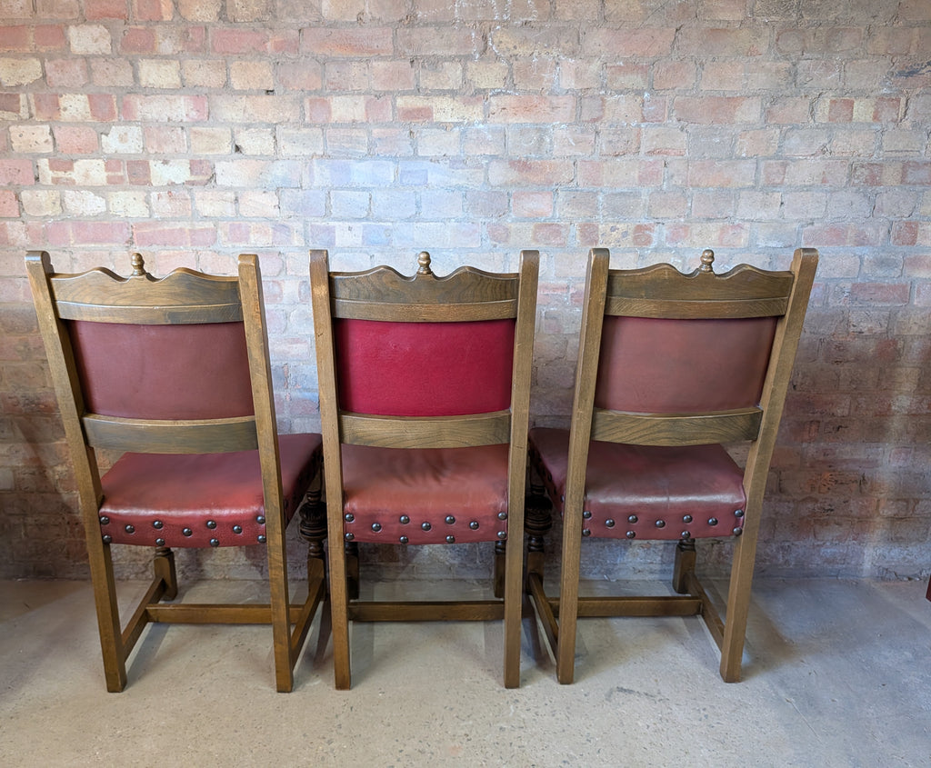 Vintage Set Of 8 Cromwellian Style Carved Oak & Leather Dining Chairs