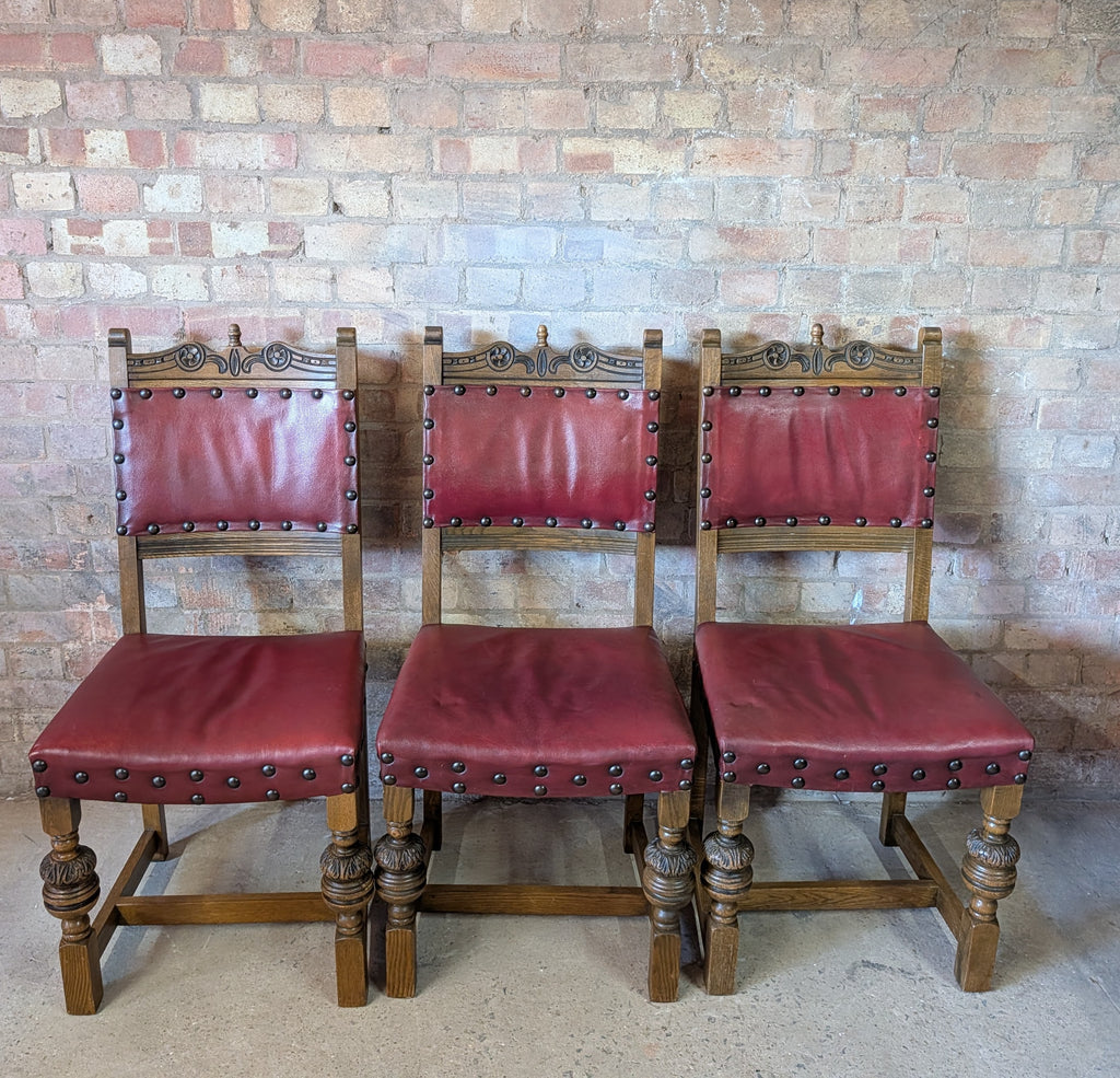 Vintage Set Of 8 Cromwellian Style Carved Oak & Leather Dining Chairs