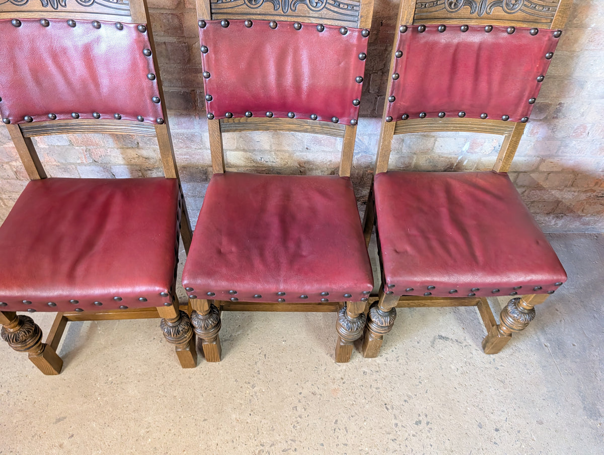 Vintage Set Of 8 Cromwellian Style Carved Oak & Leather Dining Chairs