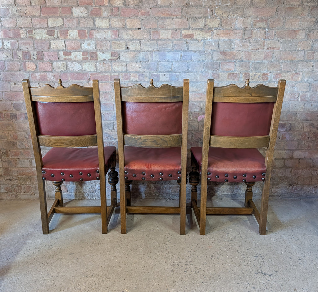 Vintage Set Of 8 Cromwellian Style Carved Oak & Leather Dining Chairs