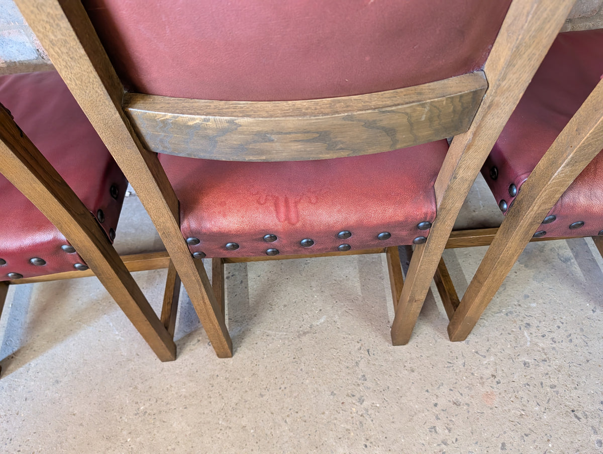 Vintage Set Of 8 Cromwellian Style Carved Oak & Leather Dining Chairs