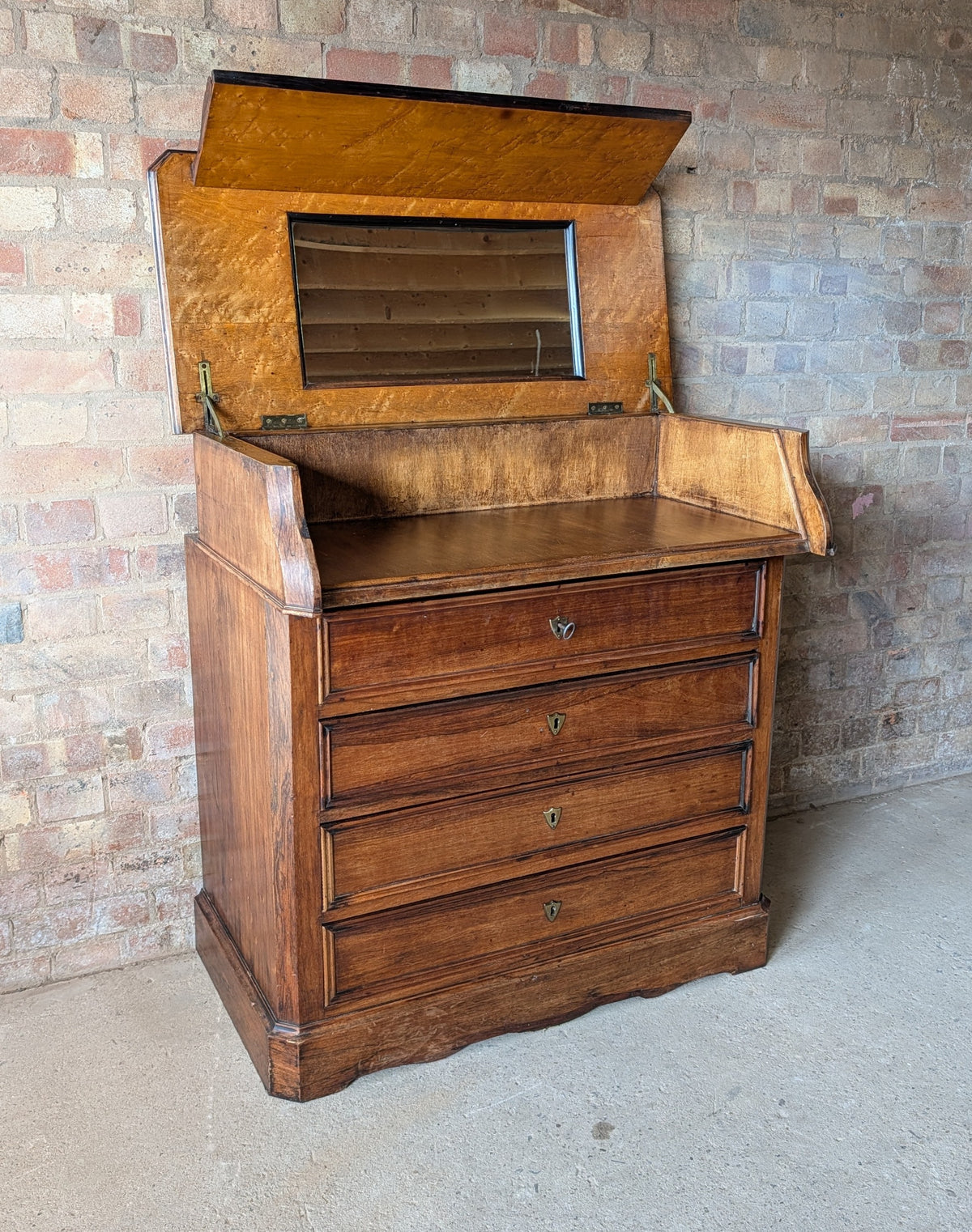 Antique French 19th C Walnut Washstand Lift Top Mirror Commode Chest of Drawers