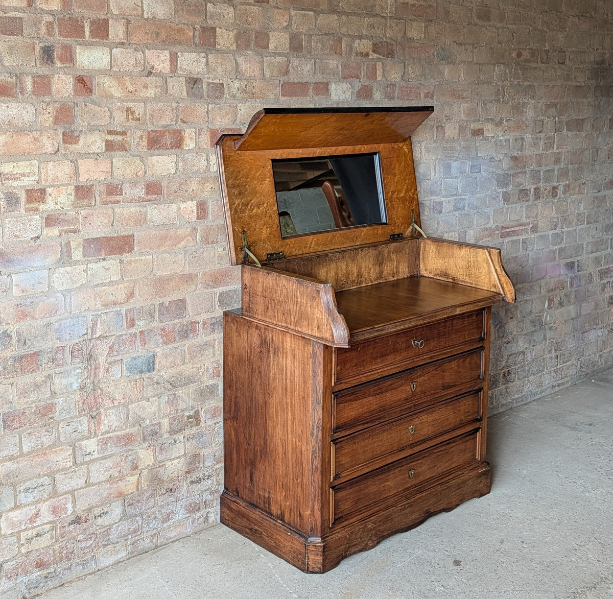Antique French 19th C Walnut Washstand Lift Top Mirror Commode Chest of Drawers
