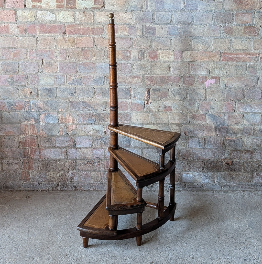 Vintage Mahogany & Leather Spiral Library Steps - Regency Style Bed Steps