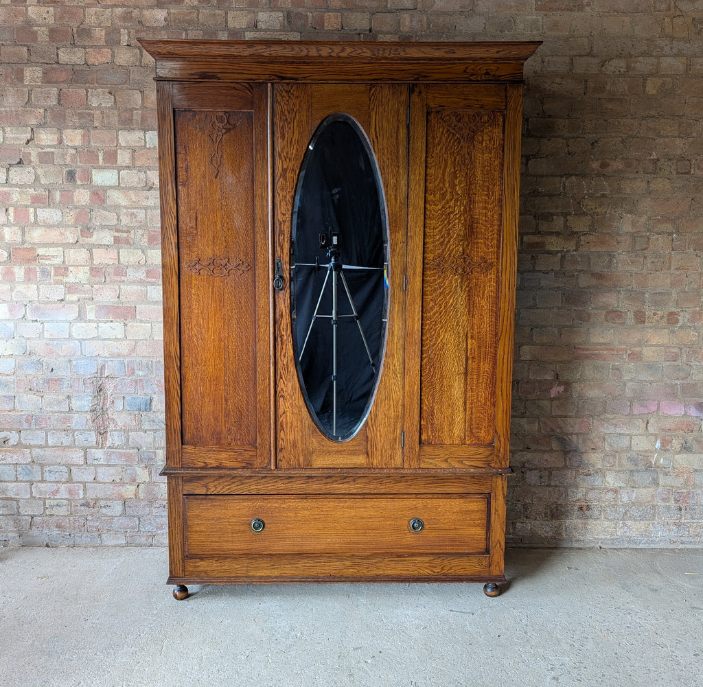Antique Edwardian Oak Arts & Crafts Wardrobe With Mirror