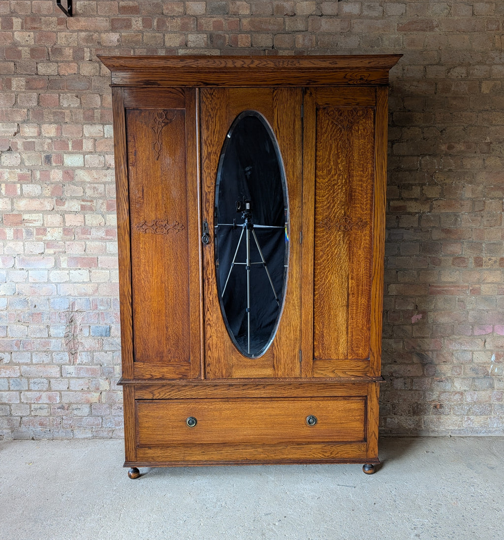 Antique Edwardian Oak Arts & Crafts Wardrobe With Mirror