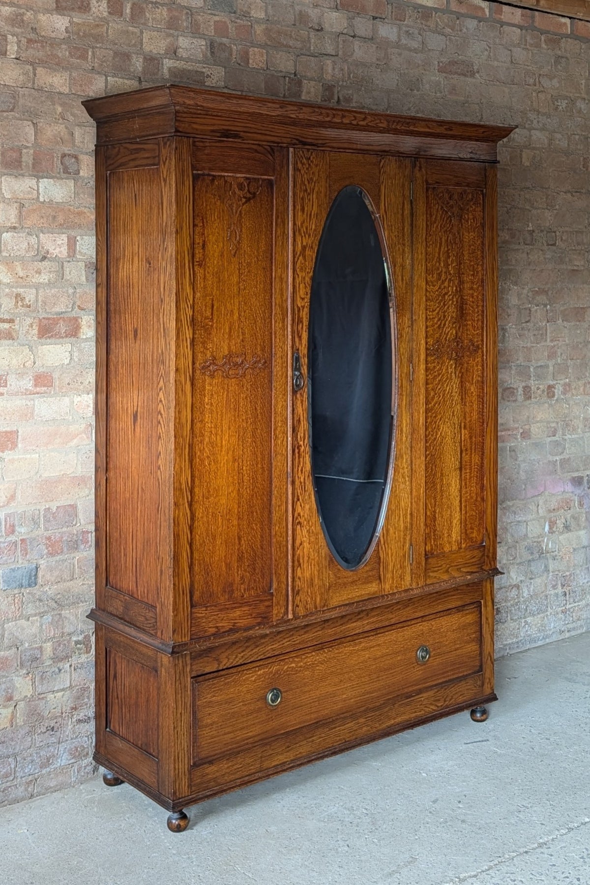 Antique Edwardian Oak Arts & Crafts Wardrobe With Mirror