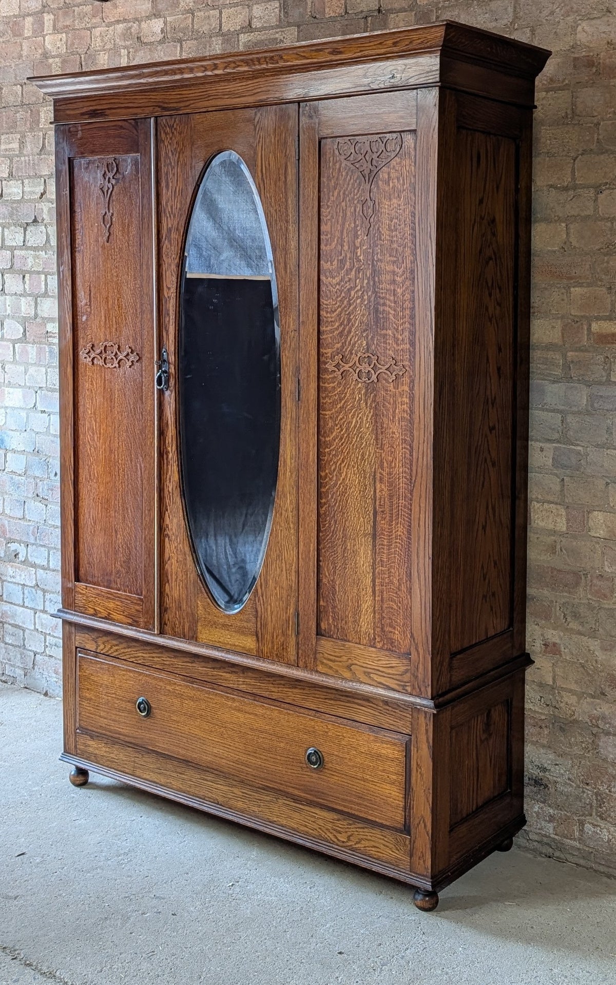 Antique Edwardian Oak Arts & Crafts Wardrobe With Mirror