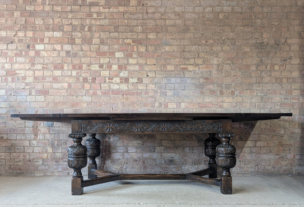 Antique 17th C Style Oak Refectory Extending Dining Table On Carved Bulbous Legs