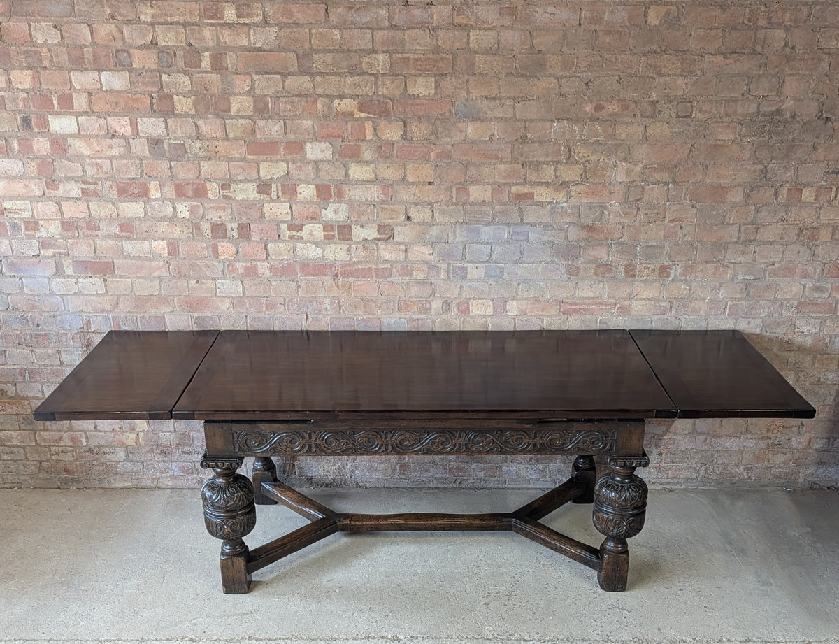 Antique 17th C Style Oak Refectory Extending Dining Table On Carved Bulbous Legs
