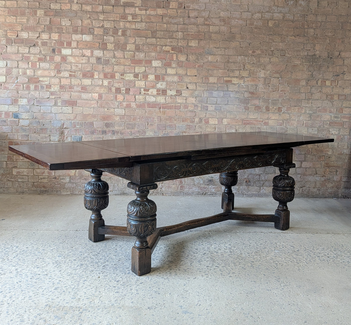 Antique 17th C Style Oak Refectory Extending Dining Table On Carved Bulbous Legs