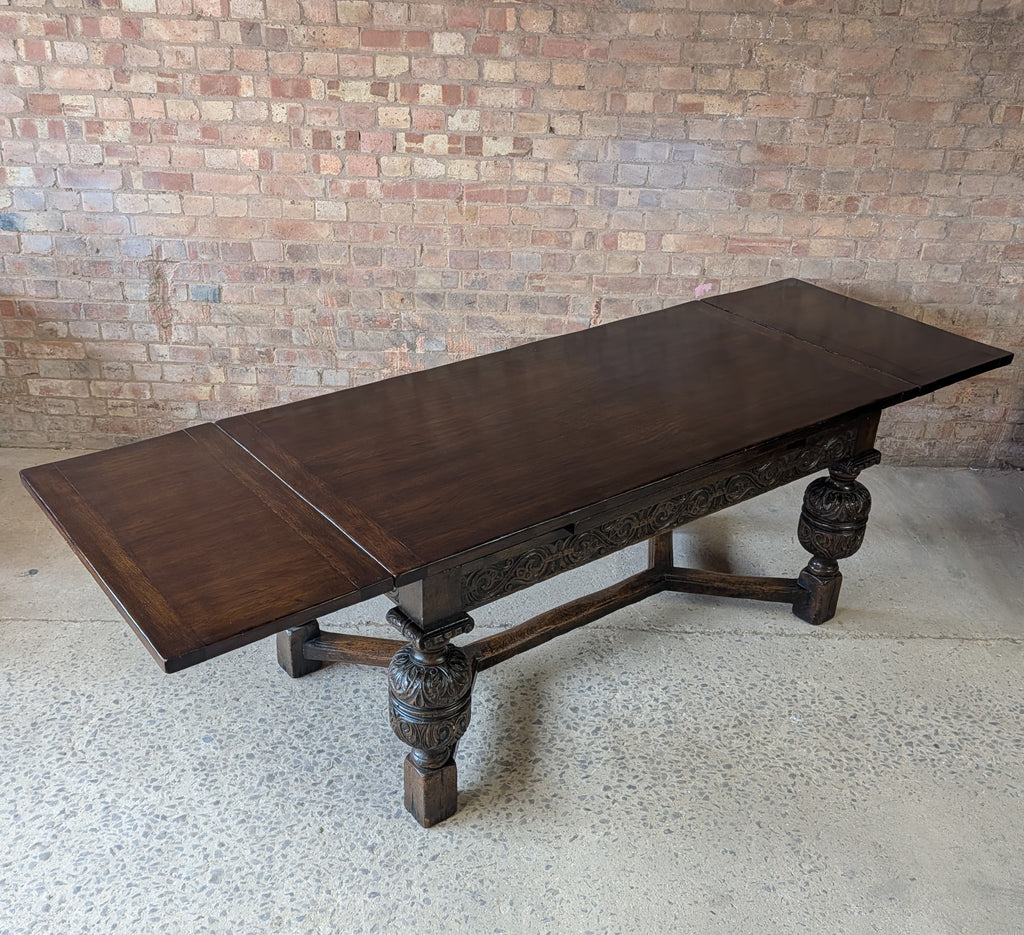 Antique 17th C Style Oak Refectory Extending Dining Table On Carved Bulbous Legs