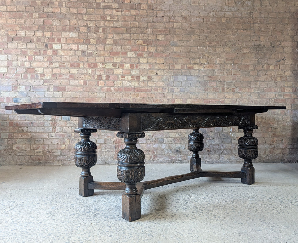 Antique 17th C Style Oak Refectory Extending Dining Table On Carved Bulbous Legs