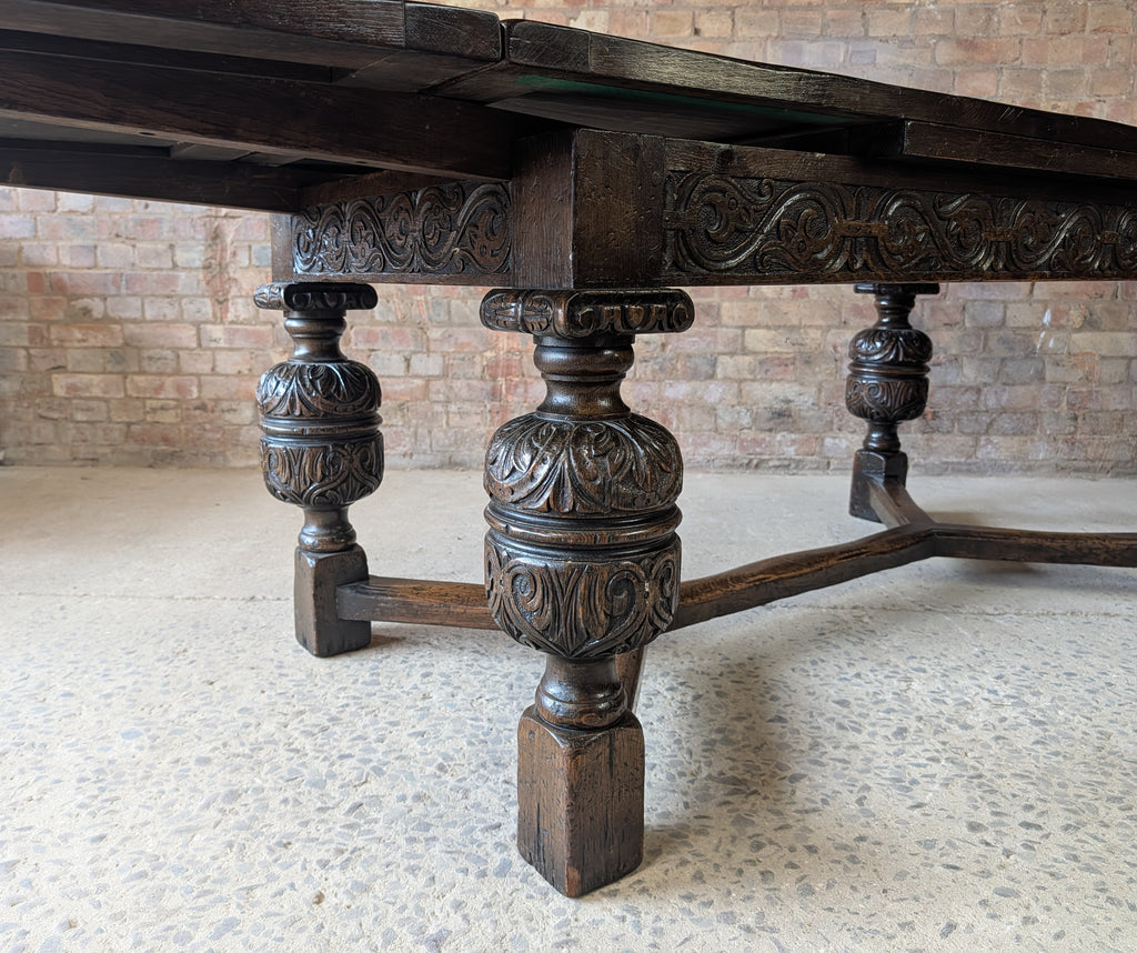 Antique 17th C Style Oak Refectory Extending Dining Table On Carved Bulbous Legs