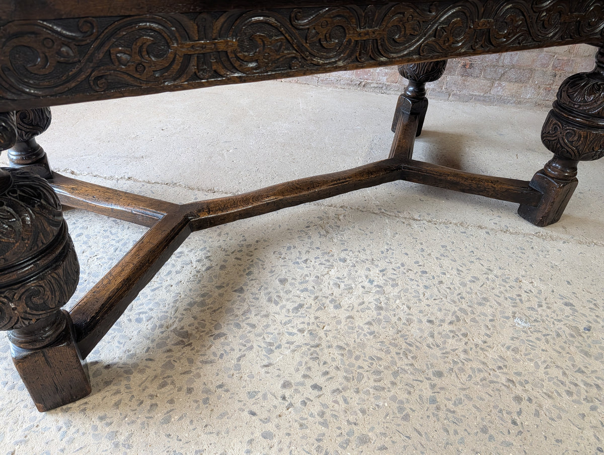 Antique 17th C Style Oak Refectory Extending Dining Table On Carved Bulbous Legs