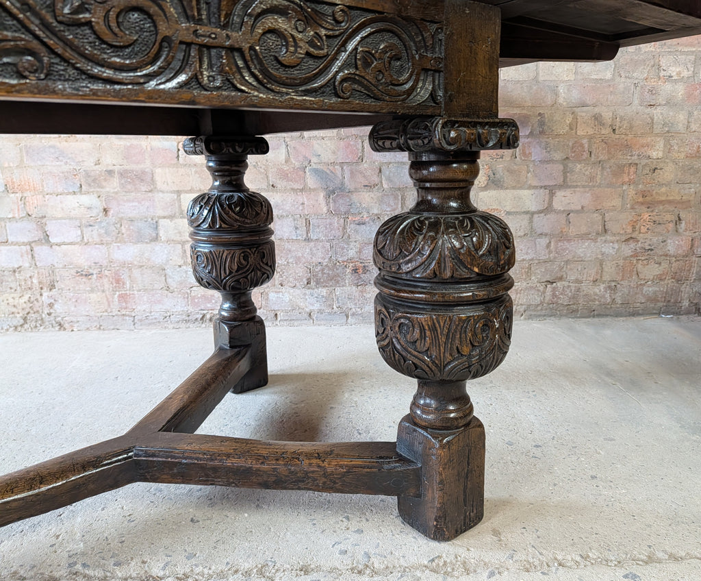 Antique 17th C Style Oak Refectory Extending Dining Table On Carved Bulbous Legs
