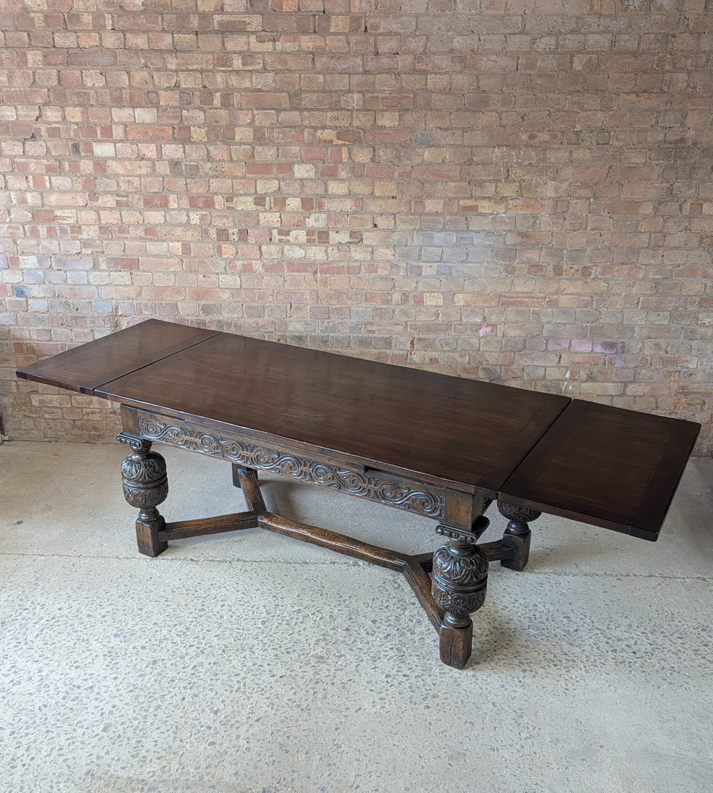 Antique 17th C Style Oak Refectory Extending Dining Table On Carved Bulbous Legs