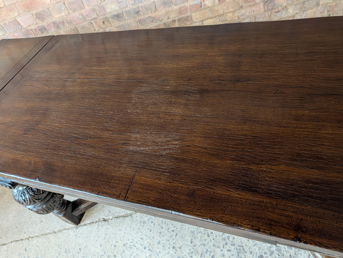 Antique 17th C Style Oak Refectory Extending Dining Table On Carved Bulbous Legs
