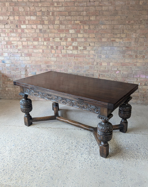 Antique 17th C Style Oak Refectory Extending Dining Table On Carved Bulbous Legs