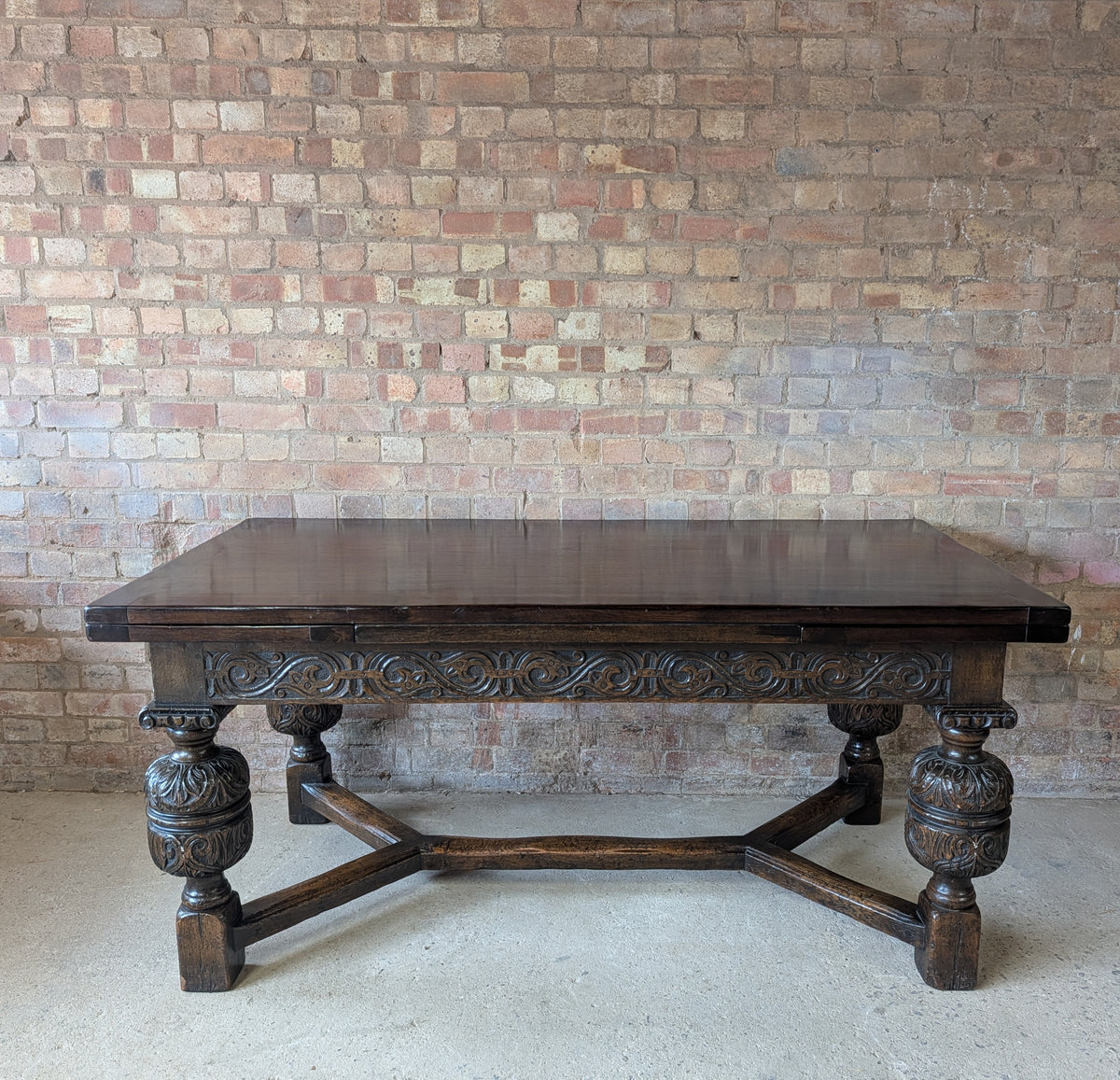 Antique 17th C Style Oak Refectory Extending Dining Table On Carved Bulbous Legs