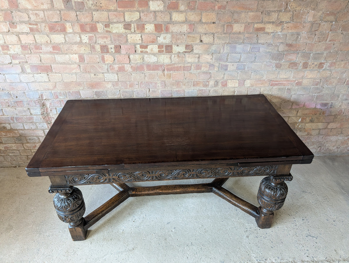 Antique 17th C Style Oak Refectory Extending Dining Table On Carved Bulbous Legs